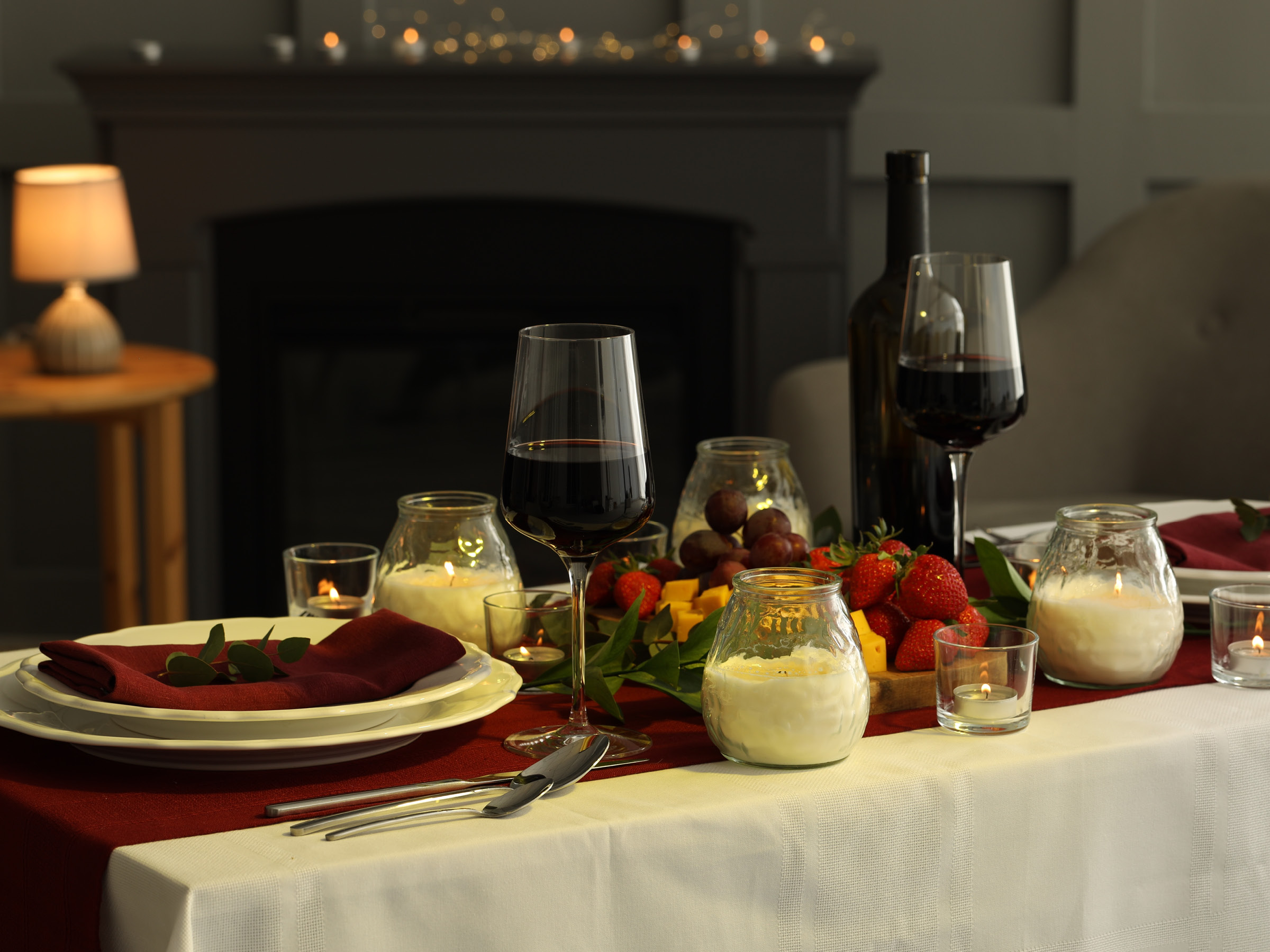table set with red wine for new years day lunch in a suffolk restaurant